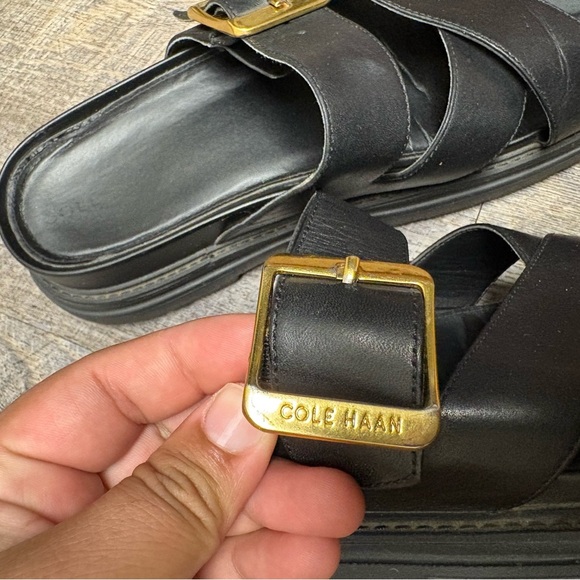 Cole Haan Black Slide Sandals with Gold Buckle - Picture 9 of 12